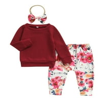 Musuos Baby Girls Proljeće Set za odjeću, puni boja Dugi rukav O-izrez + cvjetni pantalone za print + kabl za glavu