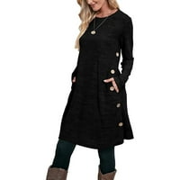 FIMKAUL ženske haljine casual dugih rukava O-izrez zimski past pamučni pleteni kopču džep line modne