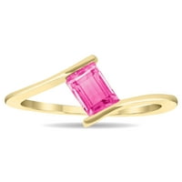 Ženski pasijans smaragdni rez ružičaste topaz valni prsten u 10k žutom zlatu