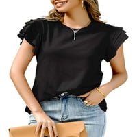 Ženska ljetna majica s kratkim rukavima Solidna boja okrugli vrat Ruffle pulover ženske labave ležerne