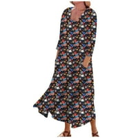 Haljine za žensko čišćenje ženske casual udobne cvjetne cvjetne tri četvrtine pamučne džepove tamno