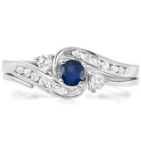 0. Carat 14k bijelo zlato okruglo plavo safir i bijeli dijamantski dame Swirl Bridal Angažov prsten