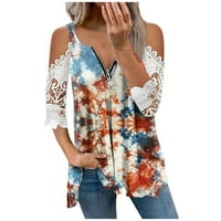 USMIXI ženske majice V-izrez kratki rukav Tie-dye Ljetni slatki vrhovi čipkasti patchwork modni zip