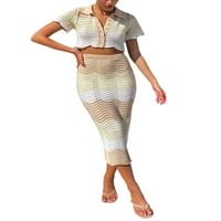 Biayxms Ženska kročka pletena odjeća kratki rukav Klit gumb gornji gornji struk bodycon midi sukte izduženi