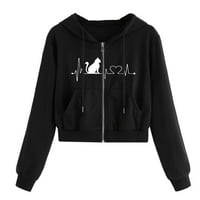 Duksevi sa dizajnom Žene Heartbeat Cat Graphic dugih rukava džepna košulja s kapuljačom s kapuljačom pulover