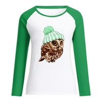 Penkaiy dukserica za žene Ženska sova Print Šivanje kontrastne boje Top džemper s dugim rukavima Zelena Y2K odjeća