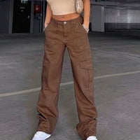 Jalioing ženske traper teretne hlače na srednjem struku dugačka dugmeta za ravno lijep i džepne rublje