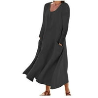 Ženska udobna pamučna posteljina duga haljina s džepovima scoop vrat dugih rukava sprud ručica casual