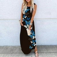 ZTTD ženski džep bez rukava, ležerna cvjetna tiskarska plaža Long Maxi labava haljina