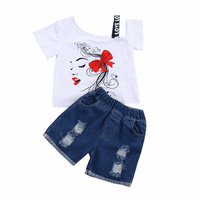 Baby Little Girls Traper Shorts Set Ruffles rukava od čipke + traper jean set kratkih odjela --- bijela