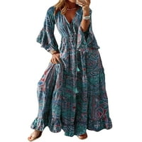 Luxplum žene Ljeto plaže sandress v izrez Maxi haljine flare rukave duga haljina boemska zabava siva