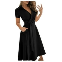Modne ženske casual reverske haljine s kratkim rukavima duge boje, crna, m