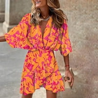 Bazyrey ljetne haljine za žene cvjetne haljine ženski V-izrez Trendi Dolman Fit & Flare haljine narančasti
