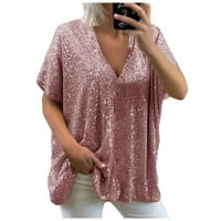 Ženske vrhove bluza od pune boje kratkih rukava labava ženska majica V-izrez ljeto ružičasta xl