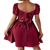 Grianlook Žene Labavi kvadratni vrat kratke mini haljine na leđima rub rukave majica haljina za odmor