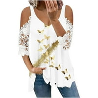 tklpehg ženske čipke polulevene vrhove modne V-izreze hladne majice na ramenu casual labav fit leptir