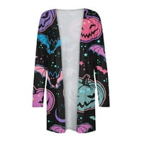 MLQIDK Ženski džemper tanka Halloween Cardigan Lagana pokrivača Crna Cat Bat Ghost bundeve Ispiši otvorenu kardansku odjeću s džepovima
