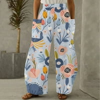Ženske pamučne posteljine pantalone Ljeto široke noge elastične strugove casual bahat za plažu ispisane