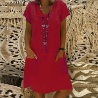 Ženska casual puna boja kratki rukav V-izrez džep pamuk i posteljina haljina m