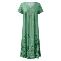 Dyfzdhu ljetne haljine za ženske haljine za žene s kratkim rukavima cvjetni okrugli gumb dugačak ravna