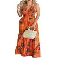 Colisha Ladies Sundress cvjetni tisak duga haljina V izrez Maxi haljine ruched plaža narančasta narančasta