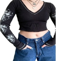 Kelajuan ženska pletiva, tiskani uzori V-izrez dugih rukava vrhovi pulover jesenja odjeća, crna, s m