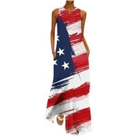 4. jula Haljine za žene Ljeto američka zastava sa džepovima Notch V izrez Maxi haljina bez rukava za
