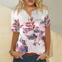 APEPAL ženska casual V vrat za vrat up bluza gornja kratka rukava Ispis ljetna košulja Pink XL