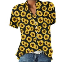 Usmixi slatki vrhovi za žene suncokret za ispis V-izrez kratkih rukava s kratkim rukavima Summer Modni štand dugmeta Comfy labavi lagani bluze žuti XL odjeća za klirensu