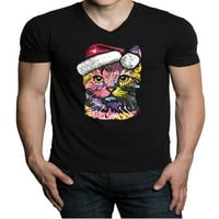 Neon božićne mačke muške majice V-izrez srednje crne
