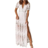 Ljetne haljine za prodaju za žene za žene kratki rukav čvrsta boja čipkaste haljine V-izrez Midi fit