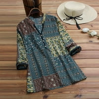 Ženski proljetni vrhovi žene Vintage Folk stil tipka za ispis V-izrez dugih rukava T-kratka bluza