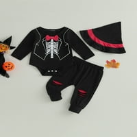 Baby Boy Gentleman Outfit Halloween odjeća Bowtie Skeleton Print Rompers ripped dugačke hlače Čarobnjak Hat Tuxedo Set, 0- mjeseci