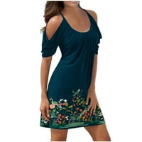 Haljine za plažu za žene Trendi ljetni cvjetni špageti kaiš hladnim ramenom s kratkim rukavima mini casual haljina, tamno plava, xxl