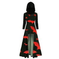 Haljina za žene O-izrez na dugim rukavima Asimetrični hem vintage bat ispis s kapuljačom crvena_ xl