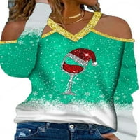 Ženske dame božićne vinske vinske staklene grafičke tiskane majice vrhovi hladnih ramena majica s dugim