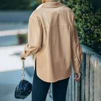 Žene V izrez PU kožne jakne dugih rukava gumni gumb Cardigans Ležerne kapute sa džepovima Khaki XL