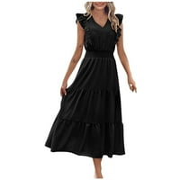 Ljetne haljine za žene bez rukava od pune casual srednje dužine A-line V-izrez crna s