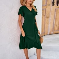 Tkinga modna ženska ljetna modna elegantna solidna boja labave haljine s kratkim rukavima V-izrez midi