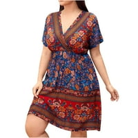 Plus veličina Ženska ljetna cvjetna haljina kratki rukav Faux-Wrap V izrez slatke mini haljine Flowy