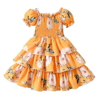 TOSMY TODDLER Djevojke Odjeća Print Ruffle Trim posada vrata Puff rukava Flared line haljine Dječje ležerne haljine