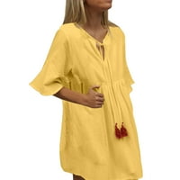Ženske posteljine tunika haljine V izrez Baggy midi haljina Hi niski vrhovi kratki rukav žuti l