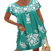 Voguele Žene Tuničke haljine s kratkim rukavima Midi haljina cvjetno tiska Ljeto plaža Sundress Holiday