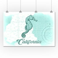 Kalifornija - Seahorse - Teal - Obalna ikona - Lintna Press Artwork