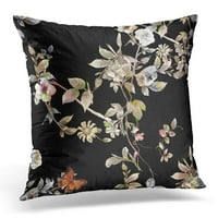 Crna biljna akvarelna pločica lišća i cvijeća na tamnom šarenom apstraktnom jastuku od jastuka