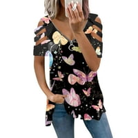 Ženski vrhovi V-izrez Modna bluza Grafički printira Ženske majice Kratki rukav Ljetna tunika Tee crna