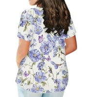 Bazyrey ženski kratki rukav ženski okrugli dekolte cvjetni bluza Modne labave tuničke majice ljubičasta 3xl