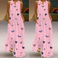 Ljetne haljine za žene Maxi slobodno vrijeme od tiskane bez rukava bez rukava za vrat ružičaste s