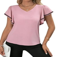 Ženska casual ravnica V izrez Top kratkih rukava Dusty ružičasti bluze s