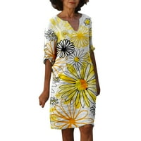 Ženske ljetne haljine jednostavni V izrez Srednji duljina rukava Vintage Cvjetni print Srednja duljina